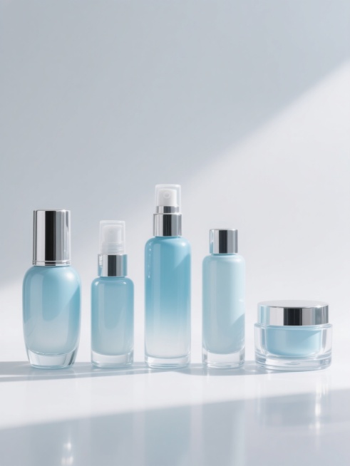 5个不同样式的护肤品，包括喷雾瓶、按压瓶和面霜罐，透明玻璃材质搭配银色金属瓶盖，瓶身呈现淡蓝色渐变效果，表面光滑有光泽，高光和阴影细节丰富，整体排列整齐，间隔均匀，白色纯净背景，光线柔和，突出产品质感，具有高品质化妆品广告的视觉效果。预览效果
