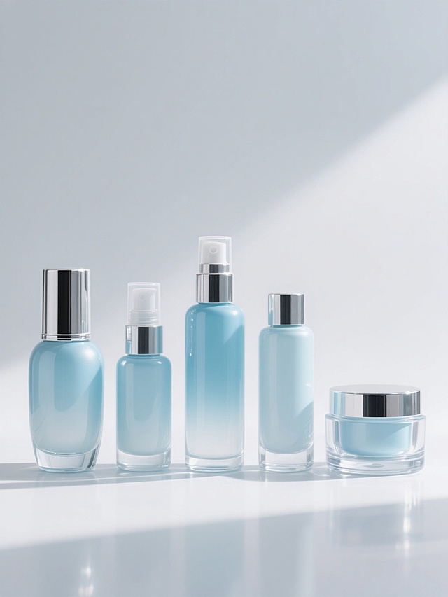 5个不同样式的护肤品，包括喷雾瓶、按压瓶和面霜罐，透明玻璃材质搭配银色金属瓶盖，瓶身呈现淡蓝色渐变效果，表面光滑有光泽，高光和阴影细节丰富，整体排列整齐，间隔均匀，白色纯净背景，光线柔和，突出产品质感，具有高品质化妆品广告的视觉效果。