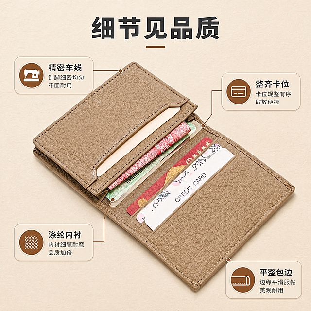 [商品] 使用【图9】大象灰荔枝纹牛皮名片卡包（打开状态白底图）；保留对折结构、内部卡位、插入的卡片、大象灰荔枝纹皮质、缝线细节；增强皮纹肌理、缝线针脚与卡位边缘的工艺清晰度，不改变版型和结构。
[画面] 目标：第9张细节特写·工艺品质展示。构图：居中打开的卡包斜放特写，四周小图标+短标签标注细节部位，主体占画面65%。景别：特写。前中后景：前景卡包边角缝线细节，中景卡位内衬与卡片，后景浅米色细腻纸张质感背景（非纯白，带微纹理与柔和投影）。阅读动线：从中心产品向四周细节标签阅读。
[视觉] 套系策略：风格=1688轻商务高级感商业摄影；标题字=现代无衬线粗体（思源黑体Heavy）；正文字=简洁无衬线体（思源黑体Regular）；主色=暖棕驼色；背景延展=基于暖棕驼色做深浅层级、同色渐变和细腻木纹/纸张质感；强调色=深焦糖色，仅用于小面积图标、引线和标签；标题色=深炭灰；正文色=中暖灰；组件=圆角浅底信息卡、细线引线、小标签；光影=正上方柔和漫射光，均匀照亮细节，阴影自然。
[文字] 上方主标题「细节见品质」（5字），引线标注4处工艺点：精密车线、整齐卡位、涤纶内衬、平整包边。文字横排，标签简洁。
[规格] 图片比例1:1方版，分辨率4K，quality=medium。避免变形、错字、文字过小、冷蓝/蓝灰背景、纯白纸、皮纹模糊、工艺失真、极限词。