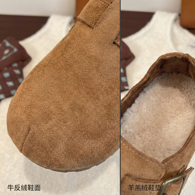 视觉布局：产品占据画面70%以上。采用“场景切片”方式，左侧大面积特写鞋面牛反绒的细腻纹理与色泽，右侧特写鞋口处露出的柔软羊羔绒鞋垫。中间用一条极细的分隔线隔开。

文案：左侧配小字“牛反绒鞋面”，右预览效果