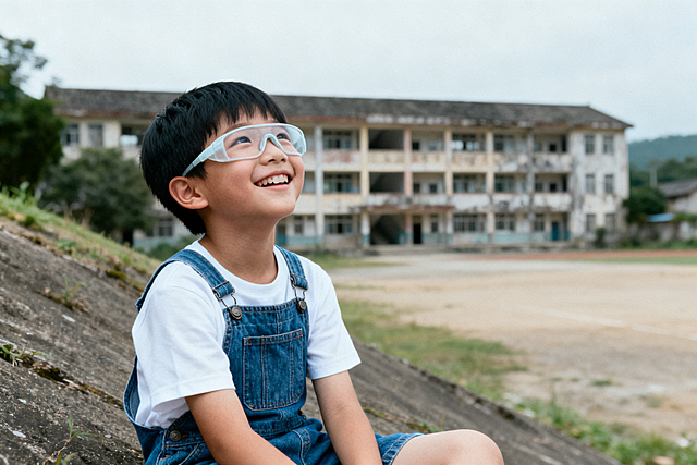 写实摄影，户外公园，阳光明媚，一个东亚小男孩，黑色短发，身穿白色短袖和蓝色牛仔背带裤，带着浅色防控眼镜，正面开心仰头，露出牙齿微笑，坐在校园前面的坡上，望向远方，背景是远处虚化的老旧乡村学校，大场景柔和自然光，高清，8k，无文字，儿童公益宣传海报，氛围感，景深，胶片质感