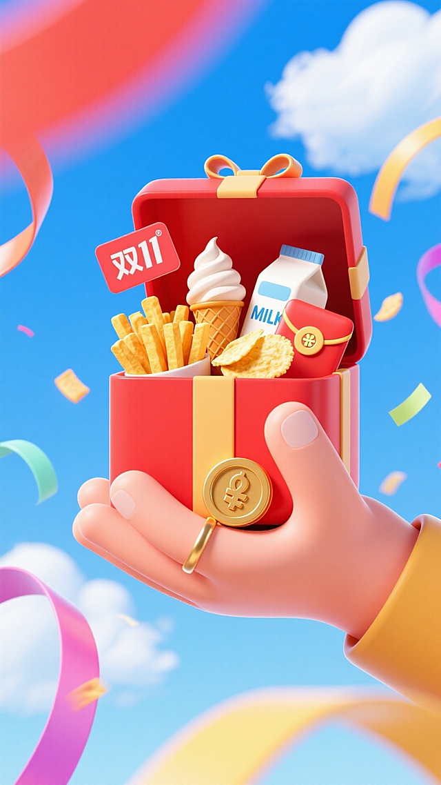 画面中心是一只托着红色礼盒的手（手部细节：带着金币戒指。礼盒细节：内部放着薯条、冰淇淋、薯片、牛奶、红包、写着“双11”的卡片）。蓝天白云，周围飘着彩带。画面重心偏下，平视