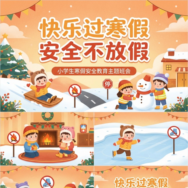 请用Nano Banana Pro的形式给我生成一份ppt，这份ppt是关于寒假安全教育，现在我要用这份ppt面向小学生进行讲解消防安全、交通安全、饮食安全、禁止燃放烟花爆竹、冬季防溺水、心理健康教育预览效果