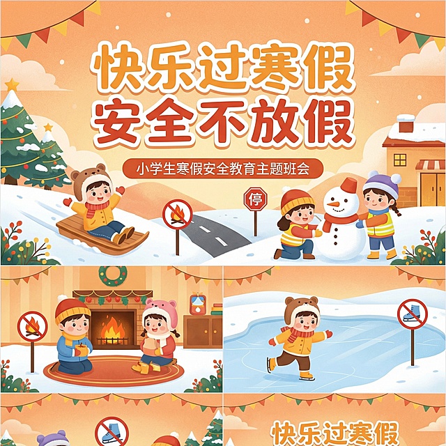 请用Nano Banana Pro的形式给我生成一份ppt，这份ppt是关于寒假安全教育，现在我要用这份ppt面向小学生进行讲解消防安全、交通安全、饮食安全、禁止燃放烟花爆竹、冬季防溺水、心理健康教育，请分页到每一张幻灯片中给我生成，谢谢！