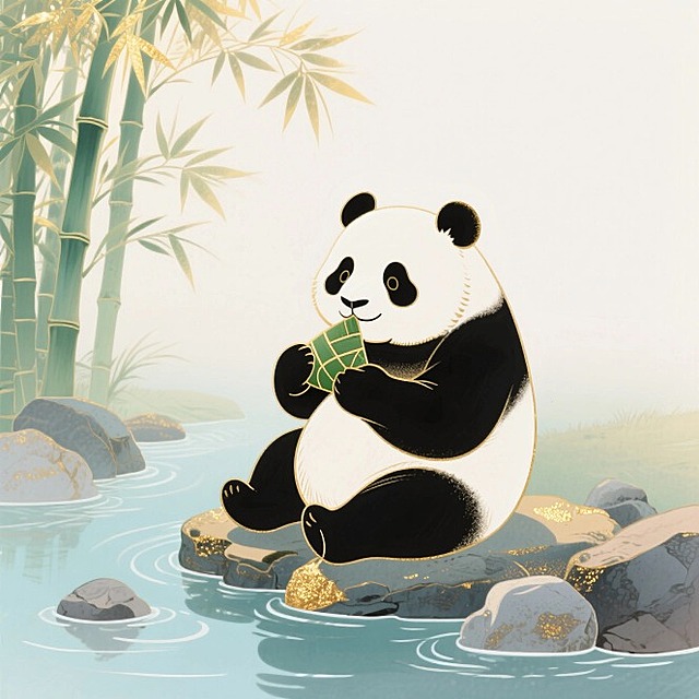 熊猫坐在河边吃粽子，背景是竹子等自然景观