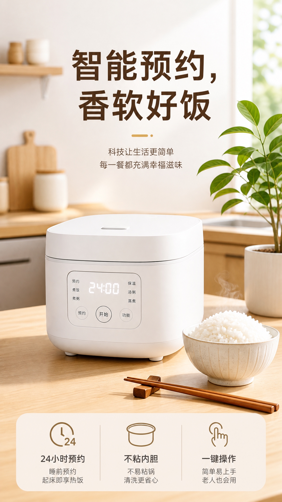 现代简约风格电饭煲电商海报，竖版9:16比例。画面中央偏下位置… - 图片创意预览