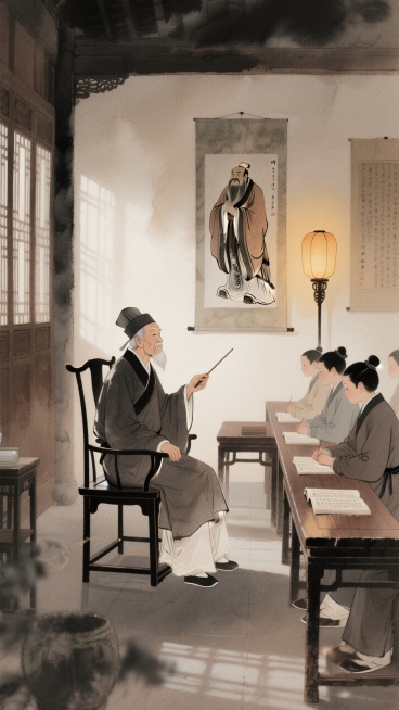 古风私塾风格，以棕色和黑色为主色调，古旧的私塾里，一位戴着瓜皮帽的老先生正坐在太师椅上，手持戒尺，给学生们讲解四书五经。学生们穿着长衫，坐在长条凳上，摇头晃脑地背书，背景是墙上挂着的孔子画像和老式的灯预览效果