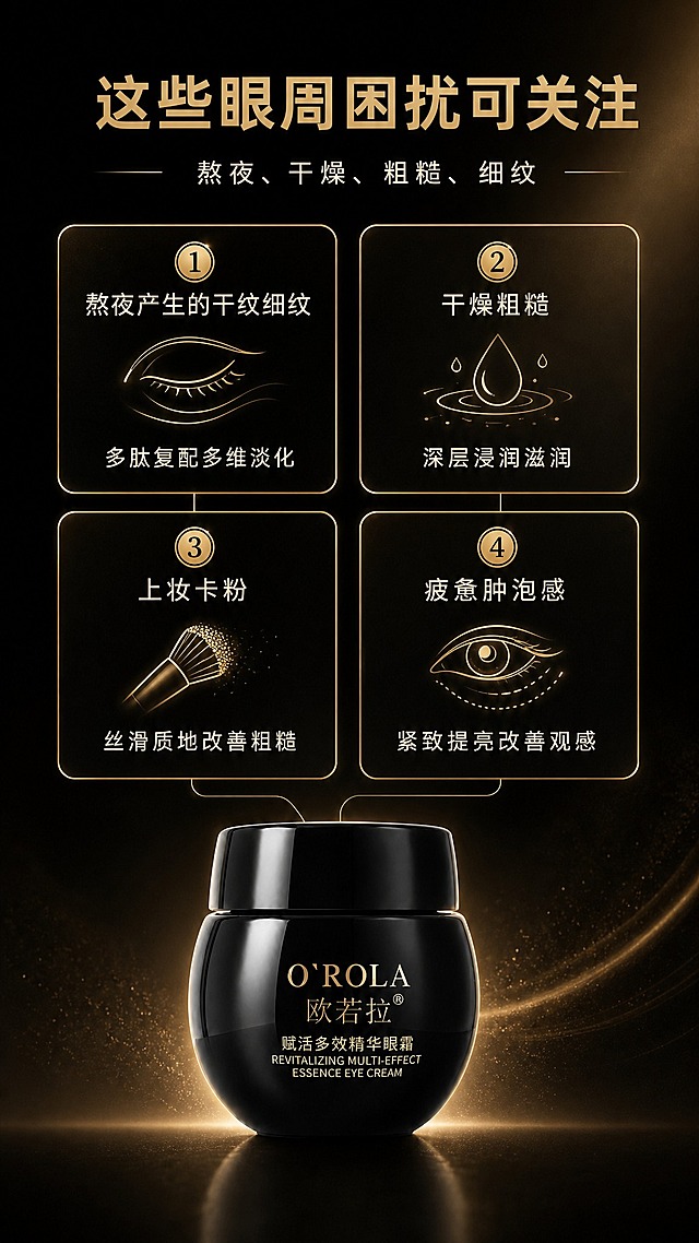 [商品] 使用【图2】欧若拉赋活多效精华眼霜完整瓶身：黑色高光圆罐、黑色旋盖，金色“O'ROLA 欧若拉®”“赋活多效精华眼霜 REVITALIZING MULTI-EFFECT ESSENCE EYE CREAM”文字完整保留，罐体轮廓、比例、光泽材质与正面朝向不变。
[画面] 详情页第7张适用困扰页：深黑背景，4张金色描边圆角困扰卡片2×2网格，每卡配眼周肌理或场景小图标与“改善”链路短句；底部产品完整瓶与卡片区相连，金色细线引线连接，信息层级清晰，视觉统一高级。
[视觉] 套系策略：风格=高端黑金奢华商业摄影；标题字=现代无衬线粗体；正文字=简洁无衬线体；主色=深炭黑；背景延展=深黑到暖黑渐变、细腻金粉光泽与柔光纹理、深浅明暗材质延展；强调色=金色，仅用于小面积图标、引线、编号徽章和局部光效；标题色=金色；正文色=暖米白；组件=金色描边圆角信息卡、细线引线、金色编号徽章；光影=右上侧金色柔光+产品轮廓光。
[文字] 主标题“这些眼周困扰可关注”，副标题“熬夜、干燥、粗糙、细纹”；四卡文字：①熬夜产生的干纹细纹·多肽复配多维淡化②干燥粗糙·深层浸润滋润③上妆卡粉·丝滑质地改善粗糙④疲惫肿泡感·紧致提亮改善观感。所有文字仅横向排版，清晰可读。
[规格] 图片比例9:16竖版，4K，避免变形、错字、文字过小、冷蓝/蓝灰背景、商品外观改变、包装文字错乱、竖排或旋转文字；不出现任何平台logo、水印、二维码与绝对化宣传用语。