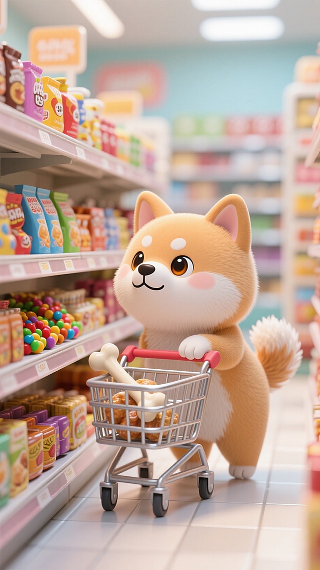 百货超市，头身比1:1的小柴犬推着购物车在买骨头，眼睛闪亮四处张望，货架上摆满商品