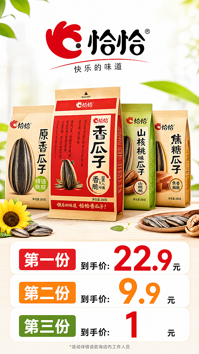 恰恰产品价格手卡，竖版9:16，风格休闲零食，突出恰恰品牌logo，展示产品实物图，清晰标注"第一份22.9 第二份9.9 第三份1元"促销价格信息，画面布局清新干净，包含品牌标识、产品展示和促销利益点