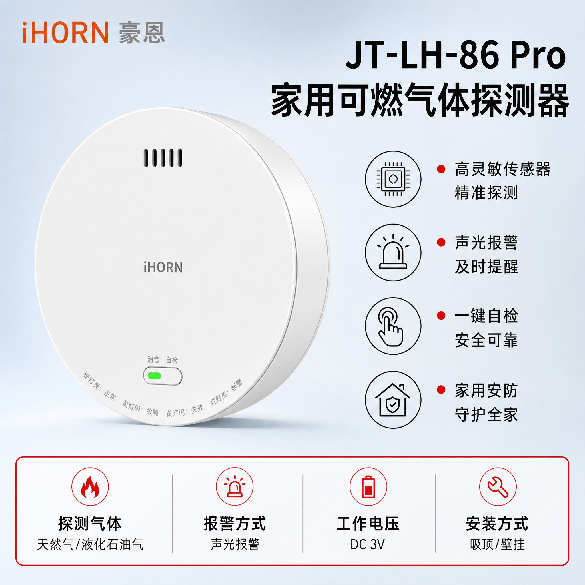 电商主图，家用可燃气体探测器产品主图，1:1正方形。 [画面主… - 图片创意预览