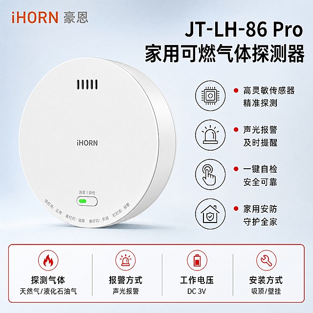 电商主图，家用可燃气体探测器产品主图，1:1正方形。

[画面主体] 画面中心偏左位置放置白色圆形可燃气体探测器，正面朝向观众，略微仰视角度，产品占画面约55%。产品外观严格保持原图不变：白色圆形机身、顶部黑色长条出声孔、正面中间灰色'iHORN'字样、底部'消音/自检'绿色指示灯按钮、底部环形中文标注文字全部保留原样，不得扭曲、变形、改变结构或颜色。

[构图版式] 采用左文右品+底部参数栏的满版构图，排版克制高级。左上角放置品牌Logo（iHORN橙色+豪恩灰色，与参考Logo一致）。右侧和上方空白区域用产品优势文字填充，不留空白位置。画面底部约25%区域为核心参数栏，用红色细边框标记填充，参数文字黑色。

[背景与光影] 背景优化为柔和棚拍光效果，浅蓝到浅灰的渐变背景，报警行业专业配色，整体明亮干净。产品受光均匀，边缘有柔和高光，底部有自然接触阴影，体现大气风范和专业感。

[文字内容] 全部中文，黑色为主，警示红点缀。
- 左上角Logo："iHORN 豪恩"（iHORN橙色，豪恩灰色）
- 产品名称大标题（右上区域，黑色粗体大字，优先凸显）："JT-LH-86 Pro" 换行 "家用可燃气体探测器"
- 右侧产品优势（4条，黑色文字，配简约线稿图标）：
  1. "高灵敏传感器 精准探测"
  2. "声光报警 及时提醒"
  3. "一键自检 安全可靠"
  4. "家用安防 守护全家"
- 底部参数栏（红框白底，黑色文字，分4列）：
  第一列："探测气体" 换行 "天然气/液化石油气"
  第二列："报警方式" 换行 "声光报警"
  第三列："工作电压" 换行 "DC 3V"
  第四列："安装方式" 换行 "吸顶/壁挂"

[配色] 主色浅蓝+浅灰背景，文字黑色，警示红用于底部参数框边框和少量点缀，品牌Logo橙色+灰色。杜绝深色、单一颜色过深、太彩色等颜色。

[风格] 报警行业专业感，大气风范，排版克制高级，商业棚拍质感，产品清晰锐利，文字清晰可读，画面饱满无空白。

[负向] 禁止产品变形、扭曲、结构改变、颜色改变；禁止深色背景、彩色杂乱背景；禁止水印、错字、模糊；禁止产品外观与原图不一致；禁止大面积留白；禁止出现人物、场景杂物。
