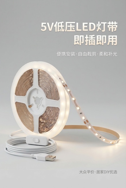 杂志级精致排版主视觉封面，严格还原上传的产品图细节，包括包装设计、颜色、LOGO位置、文字内容、图案元素等，产品尺寸：单卷灯带长度1米可选5米10米15米、USB线长约1米、灯带宽度约8-10mm，产预览效果