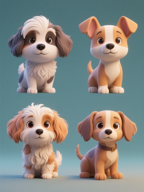 3D风格的系列小狗集合，四个完全不同种类的小狗，每个小狗都有独特的造型，规整排布在纯色背景上，整体画面色彩变换多样，每个小狗都有清晰的毛发质感和立体感，姿态各异，眼神生动，保持小狗的主体内容，无任何文字、LOGO、电话地址及二维码。预览效果