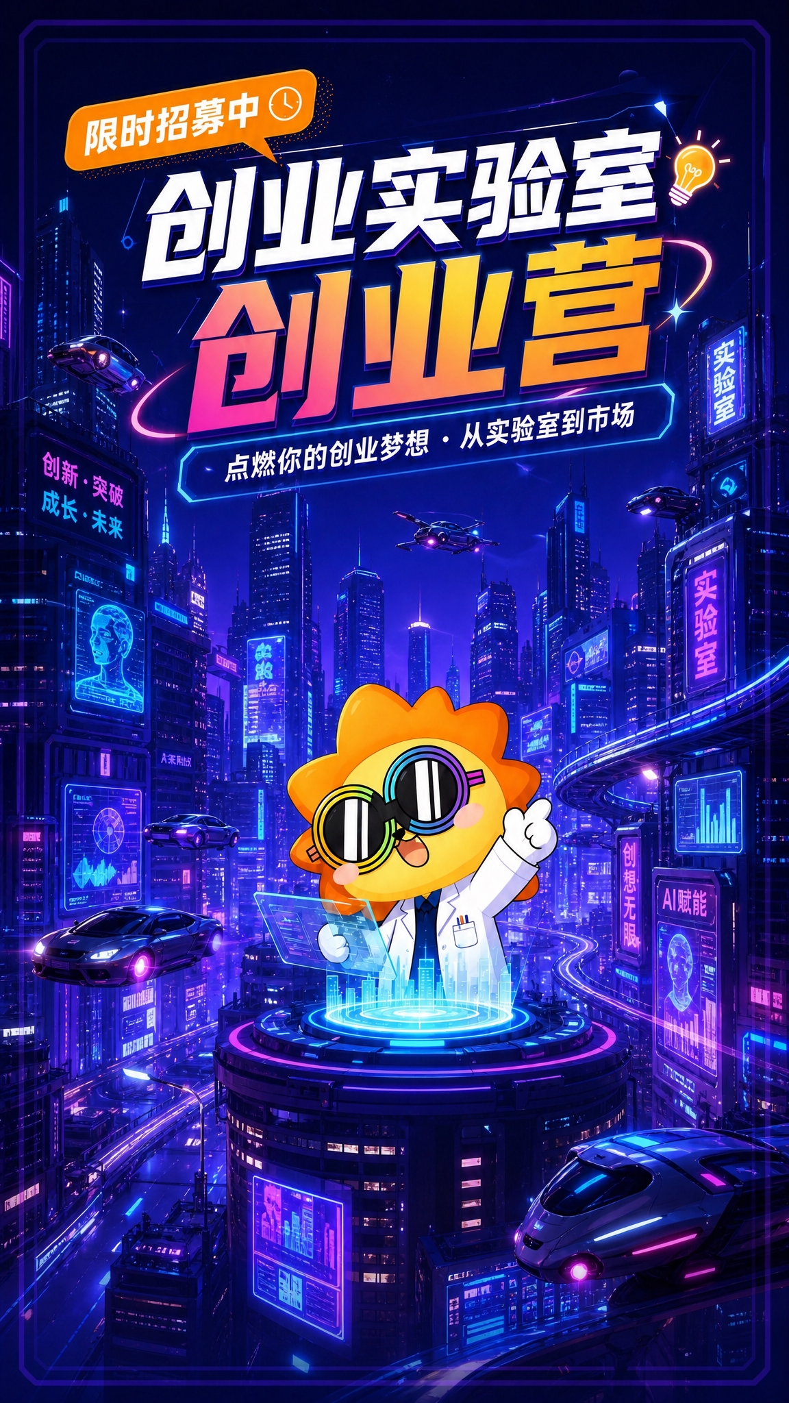 将海报背景替换为科技感十足的未来城市，有摩天大楼、飞行汽车、全… - 图片创意预览