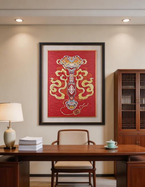 将图中这幅如意装饰画挂在新中式风格的办公室墙面上，保持画框大小、画面色彩内容和清晰度100%不变，办公室整洁大气，有办公桌椅、文件柜，光线明亮专业，画面比例3:4预览效果