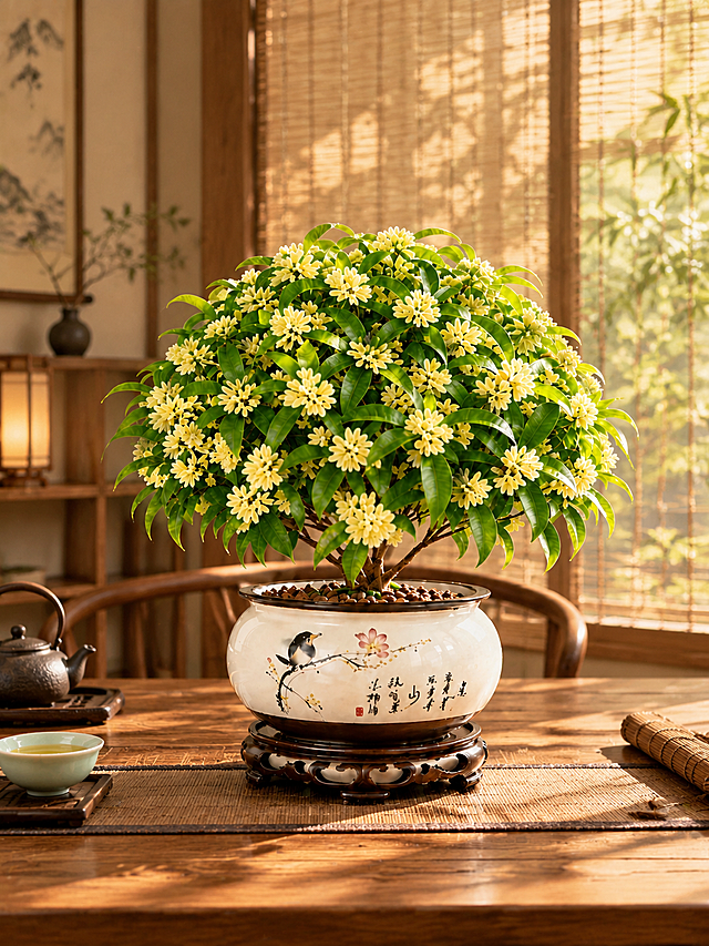 保留图中的桂花盆栽，将其放在画面正中央作为主体，替换背景为新中式禅意茶室场景，木质茶桌，背景有竹帘和柔和暖光，去掉人物，整体氛围宁静禅意，桂花盆栽细节清晰，花朵饱满，叶片翠绿，花盆保持原样，画面构图居中，3:4竖版比例