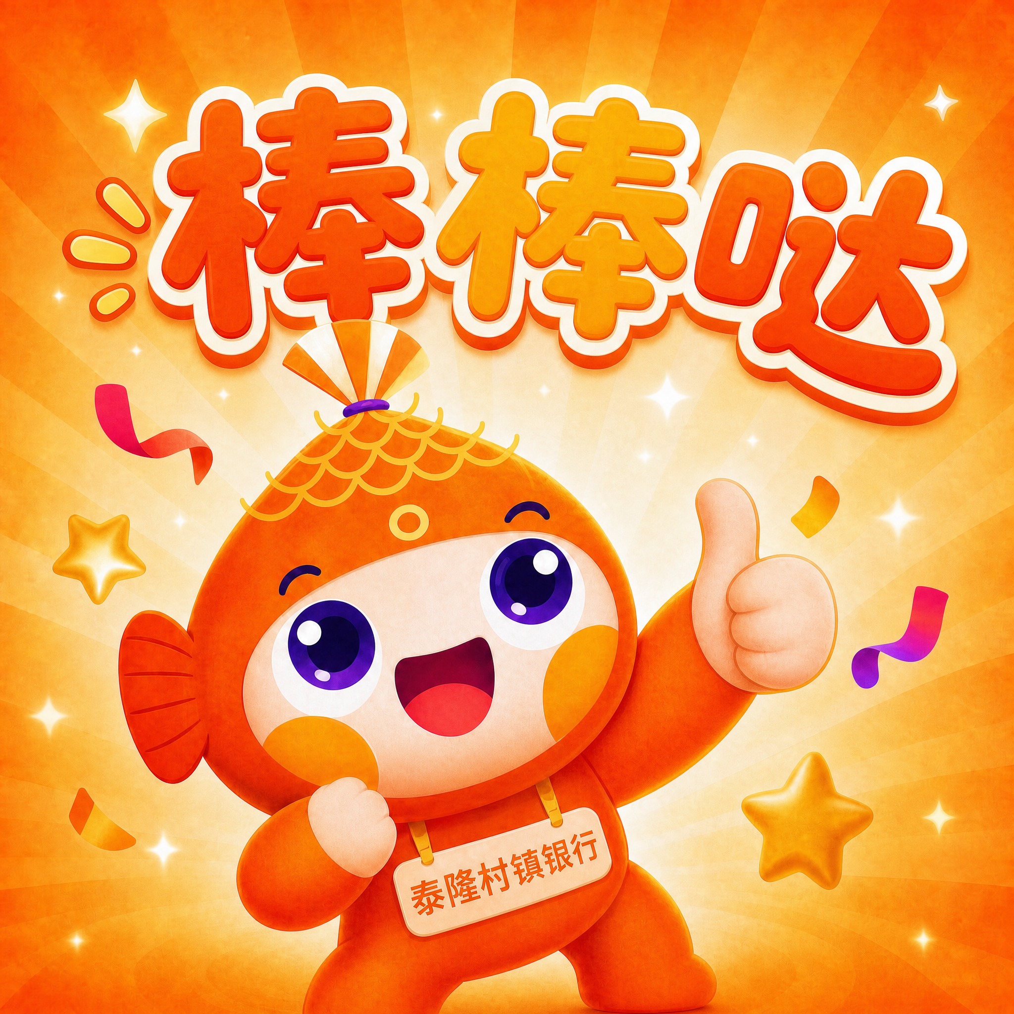 基于参考图中的泰隆村镇银行橙色小鱼吉祥物表情包，在画面中添加“… - 图片创意预览