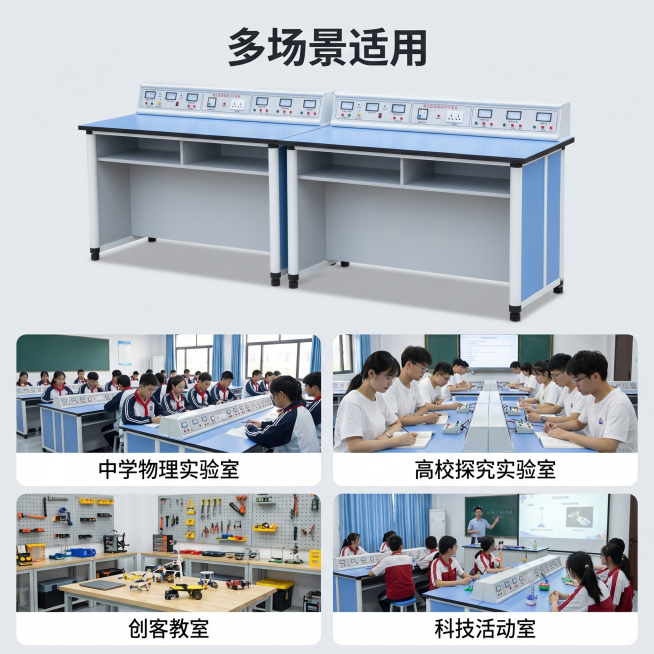 [主图 4] 物理实验台适用场景展示。
[氛围风格] 真实实验室场景应用展示；
[画质] 商业摄影质感、光线柔和通透、产品清晰真实、画面干净高级，产品精修后去除灰尘脏污，金属塑料结构边缘清晰利落。
[预览效果