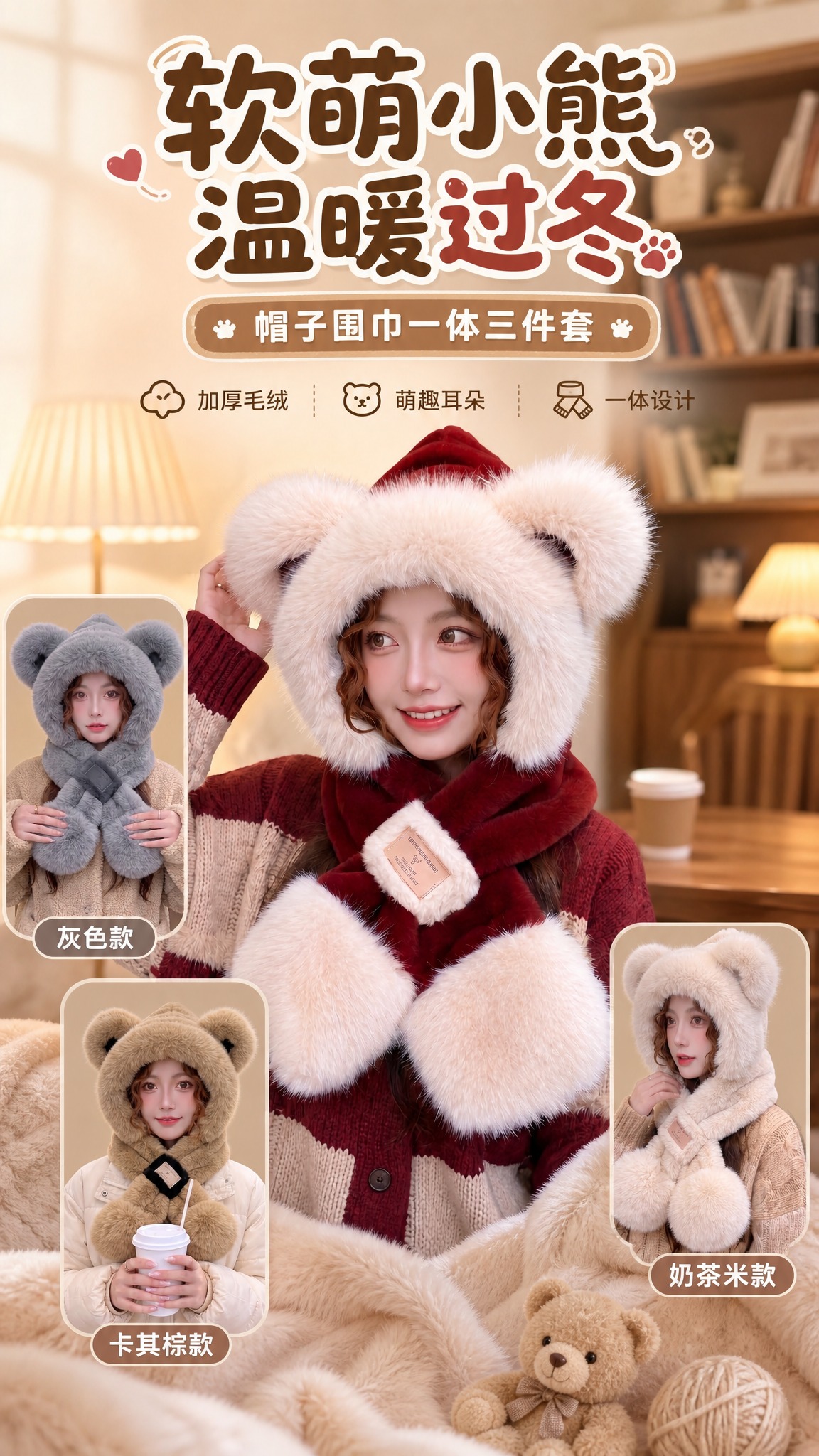 [商品] 使用【图1】酒红拼米白小熊耳朵帽子围巾一体三件套、【… - 图片创意预览