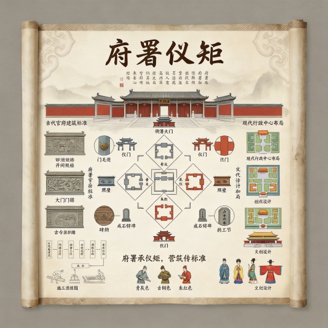 中式卷轴信息系统补充组件标注图，包含衙署大门开间规格、仪门空间流线、照壁声学原理、戒石铭布局的结构示意图，照壁砖雕、大门门簪、仪门装饰、戒石铭书法的工艺细节图，古今布局、传统与AI元素的对比图，现代行预览效果