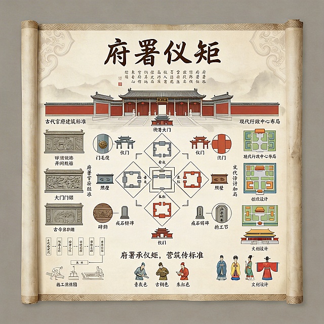 中式卷轴信息系统补充组件标注图，包含衙署大门开间规格、仪门空间流线、照壁声学原理、戒石铭布局的结构示意图，照壁砖雕、大门门簪、仪门装饰、戒石铭书法的工艺细节图，古今布局、传统与AI元素的对比图，现代行政中心借鉴、文创设计的创新应用图，所有标注图贴合中式卷轴排版，色彩为青灰色+古铜色+朱红色，文字为深棕色书法字体