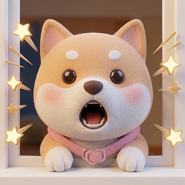 软3D风格的萌趣柴犬，毛发生长质感细腻，搭配梦幻星光与粉红心形项圈，营造出可爱、温馨又充满趣味感的节日氛围。