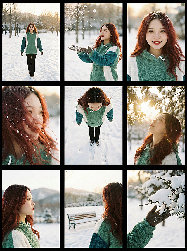 生成一个由9种不同镜头拍摄的“电影联系表”形式的九宫格，不要有明显分界线，拍摄的是参考图这一拍摄对象在冬日雪景公园散步，阳光洒落，色调温暖，不同景别、视角或动作。