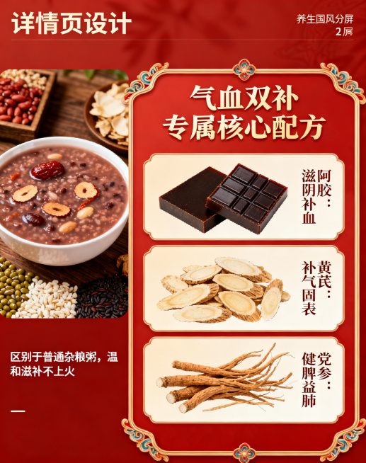 天猫分屏详情页第2屏核心配方屏，标题为'气血双补专属核心配方'，介绍以阿胶+黄芪+党参为核心配方，区别于普通杂粮粥，温和滋补不上火，展示三种核心食材的图示和功效，整体养生国风暖红色调。预览效果