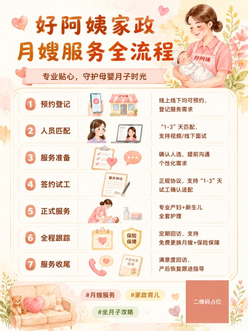 发小红书，背景要暖色调，需要呈现出这些内容：预约登记：客户可通过线上渠道（电话、官网、公众号）或线下门店预约，登记服务需求、预产期、家庭情况、预算等信息。
人员匹配：派单老师根据需求，1-3天内筛选适预览效果