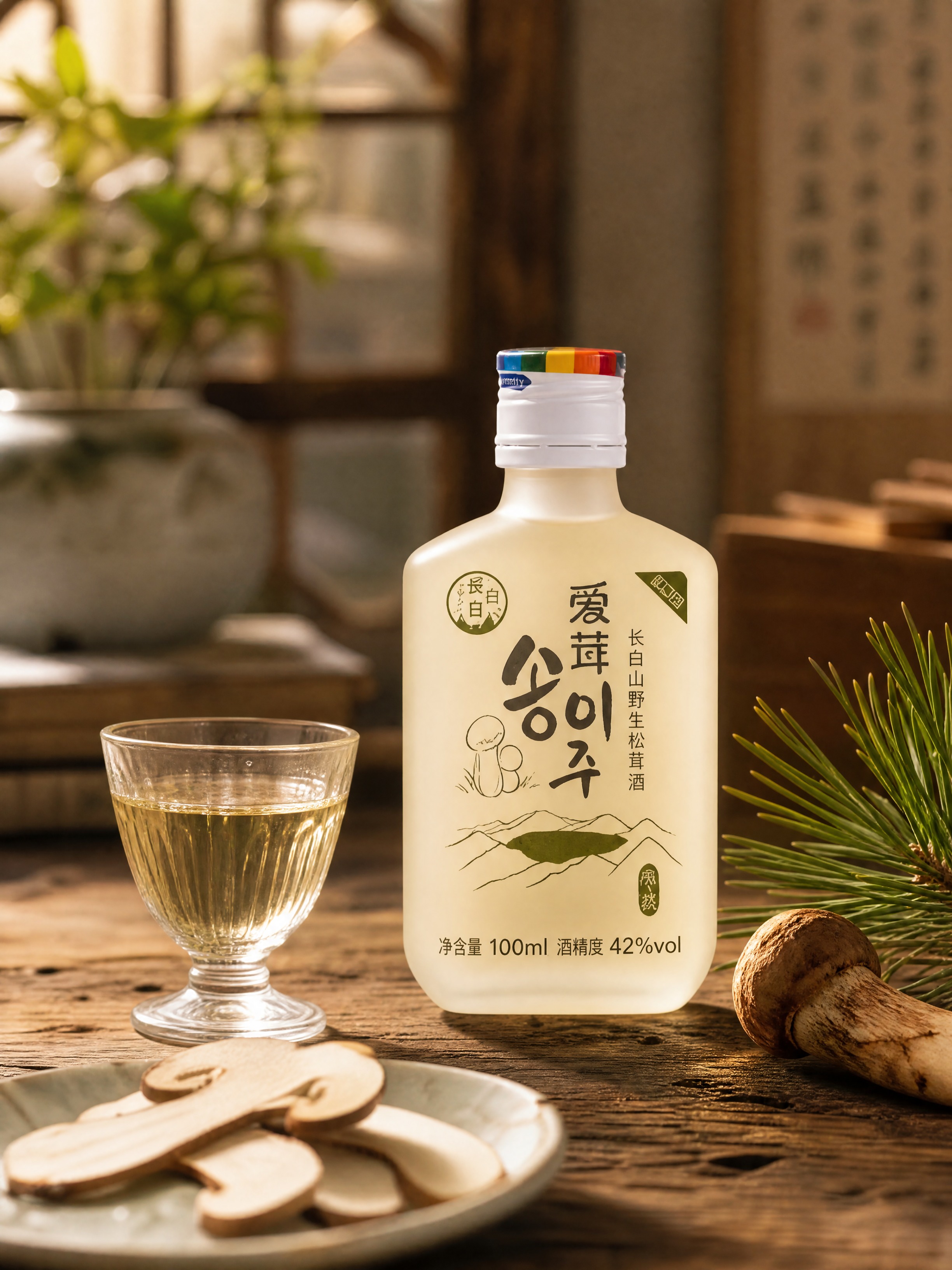 电商详情页场景种草图，松茸酒小酌场景。原木桌面上摆放着一瓶乳白… - 图片创意预览