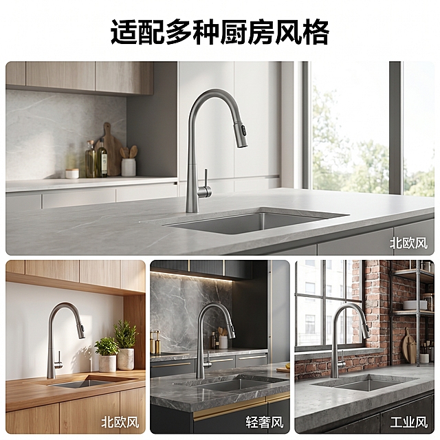 [主图 4] 抽拉式厨房水龙头多场景适配展示。[氛围风格] 百搭实用，展示不同装修风格适配效果。[画质] 商业摄影质感，各场景光感统一，画面清晰干净。[元素] 保持龙头产品外观和颜色与原图一致，不改变结构。采用1+3宫格排版，上部主场景大展示图为现代浅灰岩板台面搭配简约柜体，下方3个小宫格分别展示：北欧原木风、轻奢深灰风、工业风水泥台面三种不同装修环境的安装效果，每个小宫格右下角标注对应风格标签。所有场景光线自然统一，保持产品一致，突出百搭适配性。整体满屏无边框。[光影] 每个场景都采用明亮自然侧光，光影统一，清晰展示产品与环境融合效果。[配色] 主产品枪灰色，各场景色调符合风格特点，整体和谐统一。[文字版式] 顶部大标题写"适配多种厨房风格"，黑色粗体居中，每个小宫格右下角标注1-2字风格标签，简洁清晰。[比例分辨率] 1:1比例，2048x2048px，2k分辨率，文字清晰，画面超高清。[负向提示词] 变形，水印，文字错乱，产品不一致，光影不统一，背景杂乱。