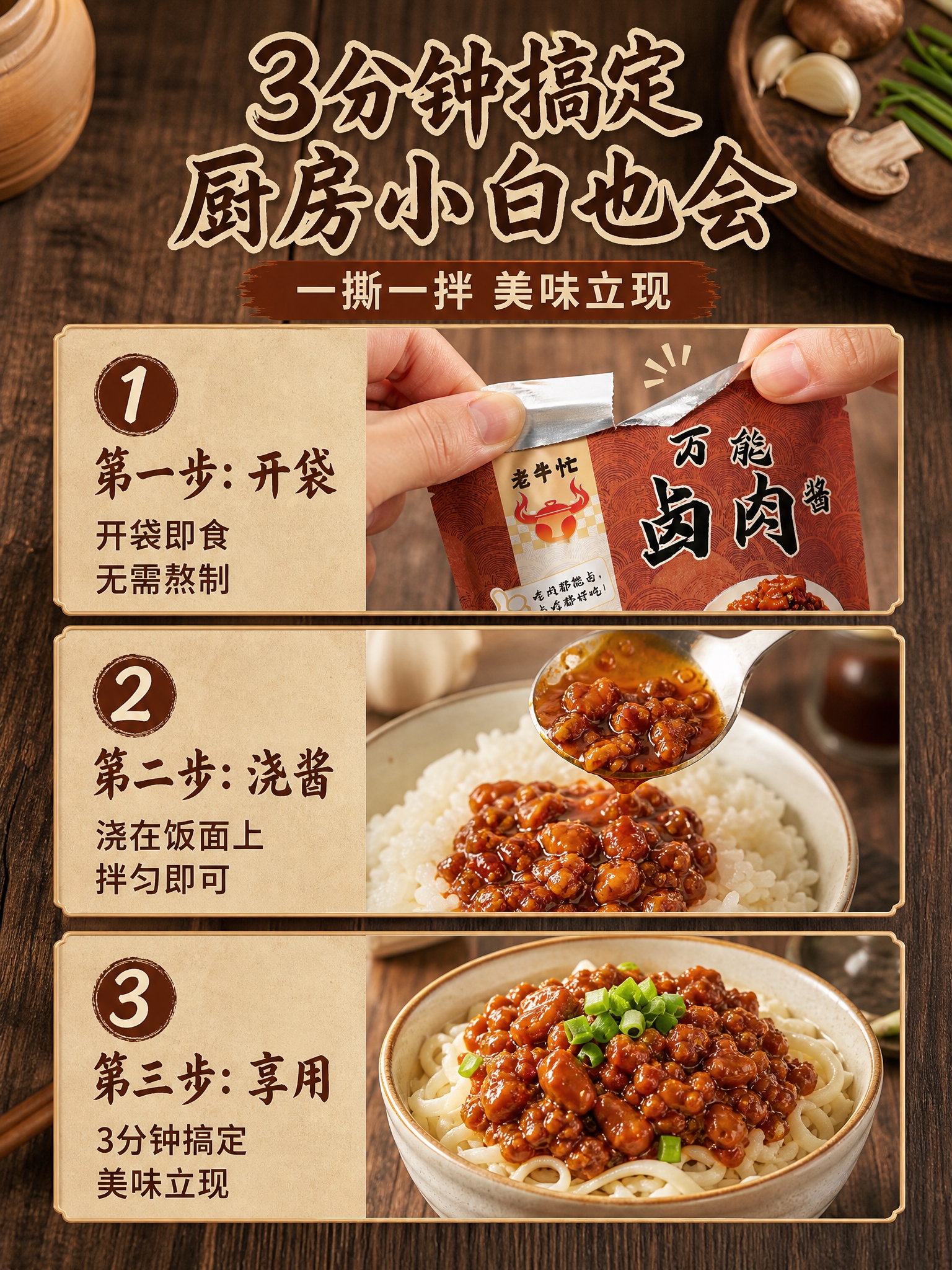 电商详情页第6张-食用方法演示，3:4竖版。延续暖棕木质风格。… - 图片创意预览