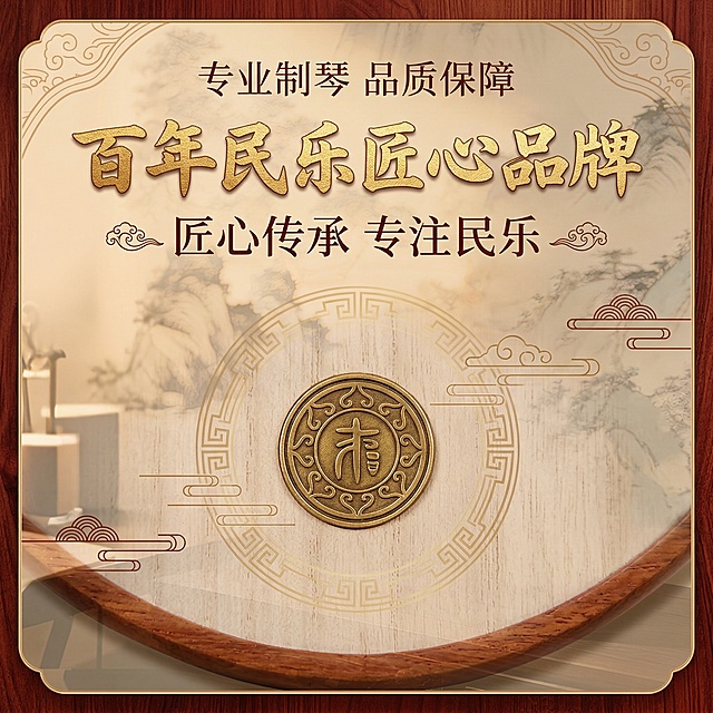 1:1竖版电商主图，弱化产品实物展示，聚焦品牌实力卖点，新中式国风杂志排版。画面主体为品牌标识特写（圆形金色标识），搭配 “匠心传承 专注民乐” 的品牌理念文字装饰，背景融入中式传统纹样、祥云等元素。上方主标题 “百年民乐匠心品牌” 居中，副标题 “专业制琴 品质保障” 居下。文字采用书法字体 + 简约字体组合，排版大气有序，主标题醒目有质感。色调以红棕木色、金色、原木米白为主，突出品牌高端质感，视觉传递品牌实力，整体风格统一无割裂感，还原产品品牌标识细节。