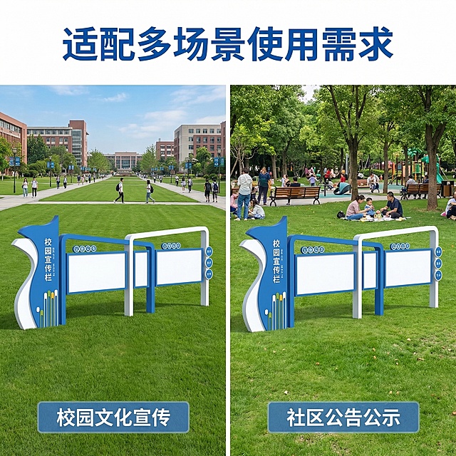 [垫图 https://gd-visitor.dancf.com/tmp02/857f49651de5bf7de5b66ba08a783d18/c5f97154c69848a094f5b0ce2a7289e5.jpg] [主图主题] 多场景使用展示
[氛围/风格] 自然生活化场景，展示产品适配性
[画面元素] 采用左右分屏拼图设计，左半屏展示宣传栏放置在校园草坪的场景，右半屏展示宣传栏放置在社区公园的场景，两个场景光影统一自然，背景铺满全屏无边框
[配色色系] 主色调：产品蓝白色；辅助色：场景绿色草地、蓝色天空
[视角构图] 左图校园平视，右图社区平视，双图平衡布局
[文字版式] 顶部主标题 "适配多场景使用需求"，蓝色加粗居中大字体，左图右下角标注 "校园文化宣传"，右图右下角标注 "社区公告公示"，白色小字蓝色半透明底框，文案排版清晰不遮挡主体
[比例分辨率] 1:1 比例，2k 分辨率