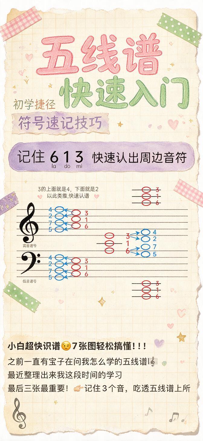 将这张五线谱入门图改造成与参考图完全一致的手绘水彩手账风格：米… - 图片创意预览