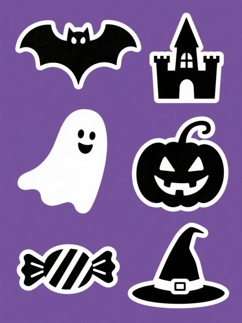 一系列6个万圣节主题元素的集合设计，每个元素保持相同的平面剪影风格，采用粗磨砂质感的黑色填充，白色内部细节勾勒，整体色彩变换为深紫色纯色背景，元素包括：左侧上方是展翅的蝙蝠剪影，白色眼睛和翅膀纹理；右侧上方是尖顶城堡剪影，白色窗户和塔楼细节；左侧中间是漂浮的幽灵剪影，白色笑脸和飘动的尾部；右侧中间是带柄的南瓜灯剪影，白色面部雕刻和顶部灯柄；左侧下方是包裹状的糖果剪影，白色褶皱和打结装饰；右侧下……预览效果