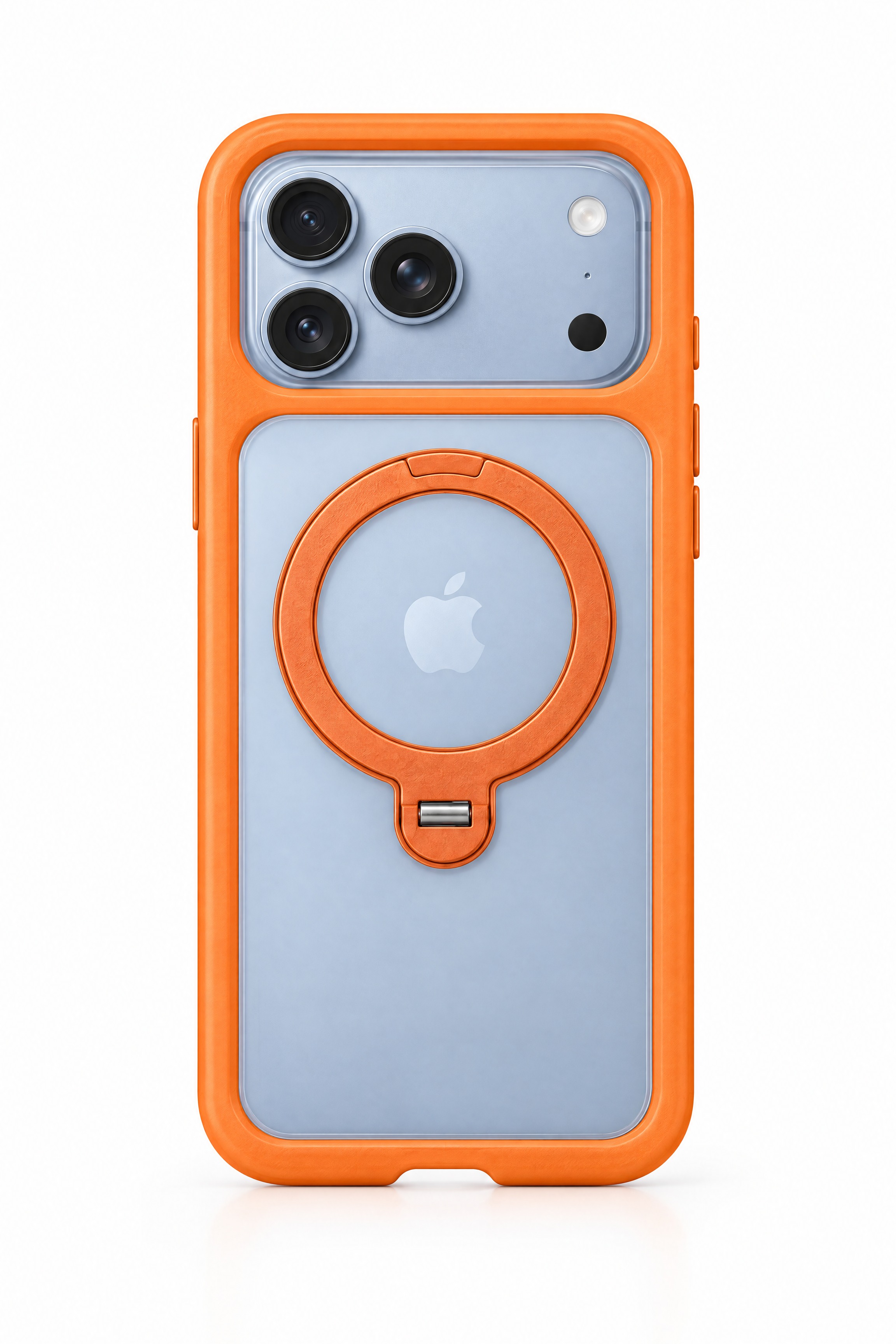 将浅蓝色iPhone手机装入橙色边框带磁吸指环支架的透明手机壳… - 图片创意预览