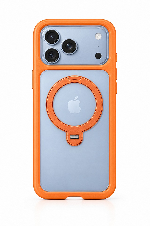 将浅蓝色iPhone手机装入橙色边框带磁吸指环支架的透明手机壳中，手机完全套入壳内，摄像头从壳的上方开孔露出，背面苹果logo透过透明背板可见，橙色指环支架在手机背面中央位置，整体效果自然真实，产品摄影风格，纯白背景，高清细节