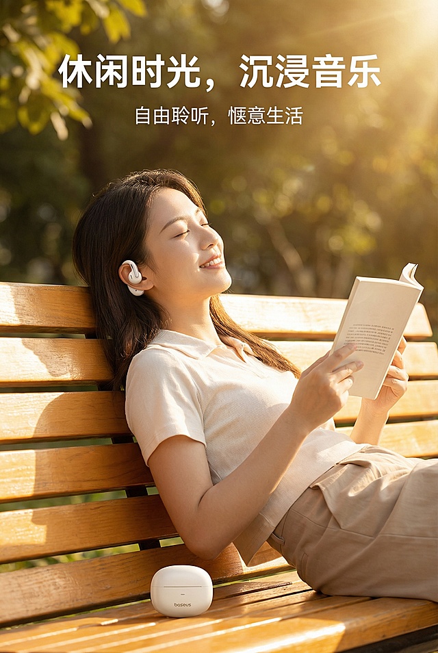 【第十一屏：场景展示——运动】
中文提示词： 一张2:3竖版的电商详情图，展示生活方式场景。一个年轻男性在明亮的健身房跑步机上跑步，戴着“倍思”开放式蓝牙耳机，神情专注且充满活力。画面捕捉动感瞬间，汗水从额头滑落。主标题“运动搭档，释放能量”，副标题“音乐与运动，激情碰撞”。整体色调充满活力，光线明亮，色彩饱和度高。严格还原上传的产品图，包括包装设计、颜色、LOGO位置、文字内容、图案元素等所有细节，保持产品的真实哑光质感。 负面提示词： 人物表情痛苦，场景不真实，产品佩戴不清晰，光线昏暗。

【第十二屏：场景展示——通勤/办公】
中文提示词： 一张2:3竖版的电商详情图，展示生活方式场景。一个商务人士在现代化的办公室里，戴着“倍思”开放式蓝牙耳机，一边听着会议内容一边做笔记，显得非常专注。背景是模糊的办公环境，突出人物。主标题“通勤办公，高效沉浸”，副标题“享受音乐，不错过环境音”。整体氛围安静、专业，色调沉稳。严格还原上传的产品图，包括包装设计、颜色、LOGO位置、文字内容、图案元素等所有细节，保持产品的真实哑光质感。 负面提示词： 场景杂乱，人物姿态不自然，光线昏暗，产品不突出。

【第十三屏：场景展示——休闲】
中文提示词： 一张2:3竖版的电商详情图，展示生活方式场景。一个女孩在阳光明媚的公园长椅上，戴着“倍思”开放式蓝牙耳机，一边看书一边享受阳光和音乐，神情惬意放松。画面色彩温暖、明亮，充满幸福感。主标题“休闲时光，沉浸音乐”，副标题“自由聆听，惬意生活”。严格还原上传的产品图，包括包装设计、颜色、LOGO位置、文字内容、图案元素等所有细节，保持产品的真实哑光质感。 负面提示词： 人物表情不自然，画面色调阴冷，与产品无关的元素过多，光线刺眼。

【第十四屏：规格参数表】
中文提示词： 一张2:3竖版的电商详情图，采用精致的信息图表风格。画面设计成一个干净、清晰的参数表格，背景为浅灰色，表格线条纤细。表格中列出“倍思”开放式蓝牙耳机的各项核心参数，如“蓝牙版本”、“续航时间”、“防水等级”、“重量”等。主标题“详细参数，一目了然”，字体醒目。表格设计美观，使用与整体风格统一的字体和配色。严格还原上传的产品图，包括包装设计、颜色、LOGO位置、文字内容、图案元素等所有细节，保持产品的真实哑光质感。 负面提示词： 表格设计丑陋，文字模糊，信息排版混乱，背景有多余元素。

【第十五屏：售后与包装】
中文提示词： 一张2:3竖版的电商详情图，建立品牌信任背书。画面展示“倍思”开放式蓝牙耳机的完整包装，旁边整齐地摆放着耳机、充电线、说明书等配件。背景为干净的浅灰色，光线柔和均匀。画面上方是主标题“官方正品，安心之选”，下方是副标题“一年质保 | 专业客服 | 品质承诺”。整体设计给人以专业、可靠的感觉。严格还原上传的产品图，包括包装设计、颜色、LOGO位置、文字内容、图案元素等所有细节，保持产品的真实哑光质感。 负面提示词： 包装展示不完整，配件摆放混乱，文字信息不清晰，背景杂乱。