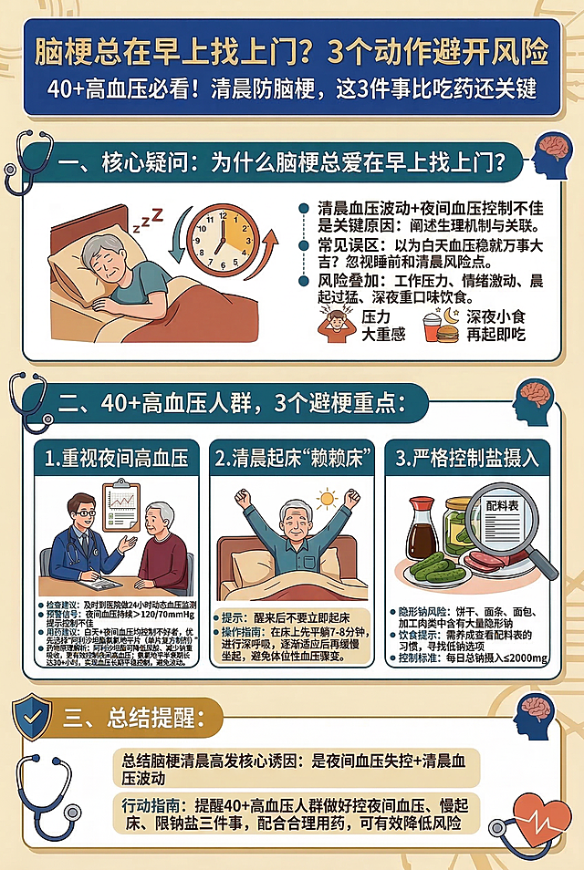 医疗健康信息图，主题是高血压人群清晨脑梗预防指南。封面大标题写"脑梗总在早上找上门？3个动作避开风险"，副标题写"40+高血压必看！清晨防脑梗，这3件事比吃药还关键"。内容分为三个板块：一、核心疑问：为什么脑梗总爱在早上找上门？说明清晨血压波动+夜间血压控制不佳是关键原因，点出常见误区和风险叠加；二、40+高血压人群，3个避梗重点：1. 重视夜间高血压，介绍检查建议（及时到医院做24小时动态血压监测）、预警信号（夜间血压持续＞120/70mmHg提示控制不佳）和用药建议：白天+夜间血压均控制不好者，优先选择"阿利沙坦酯氨氯地平片（单片复方制剂）"，阿利沙坦酯可降低尿酸、减少钠重吸收，更有效控制夜间高血压，氨氯地平半衰期长达30+小时，实现血压长期平稳控制，避免波动；2. 清晨起床"赖赖床"，提示醒来后不要立即起床，在床上平躺7-8分钟；3. 严格控制盐摄入，提示饼干、面条中含大量隐形钠，需养成看配料表的习惯，每日钠摄入≤2000mg；三、总结提醒：总结脑梗清晨高发核心诱因是夜间血压失控+清晨血压波动，提醒40+高血压人群做好控夜间血压、慢起床、限钠盐三件事可有效降低风险。整体风格简洁清晰，医疗科普风格，配色丰富明亮，色块饱满，配色稳重专业不压抑，适合中老年人群阅读。