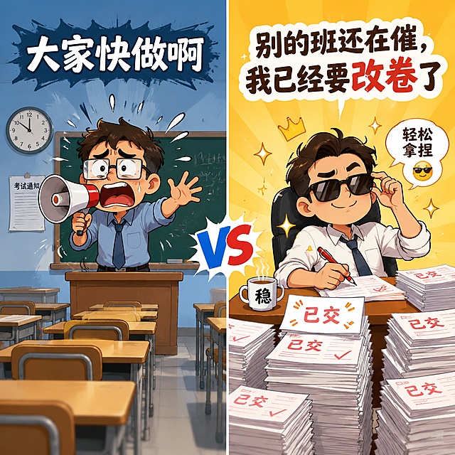 趣味对比插画，左边是一位愁眉苦脸的老师站在讲台上，对着空荡荡的教室大喊'大家快做啊'，手里拿着喇叭，表情焦急无奈；右边是一位自信满满的老师，桌上堆满了已经提交的试卷，戴着墨镜一脸得意，旁边写着'别的班还在催，我已经要改卷了'，卡通风格，色彩鲜明，幽默反差感，左右分屏对比构图