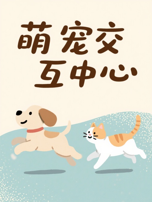 扁平插画元素，手写艺术字“萌宠交互中心”露，配色简单清新，治愈，奔跑小狗和小猫，噪点质感。预览效果