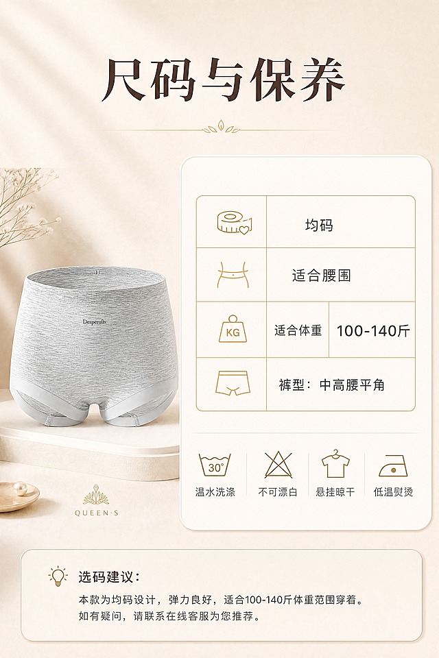 [商品] 使用【图2】灰色莫代尔女士内裤作为产品标准图；商品处理：保留中高腰平角版型、正面"Desperalx"字母刺绣、莫代尔面料纹理和浅灰色；自然理顺褶皱，增强质感，不改变版型和颜色。
[画面] 页面目标：尺码与选购信息页，提供清晰的尺码参考和洗涤说明。构图：左侧产品缩略图占30%，右侧尺码信息卡占70%。上方标题区，中间尺码表格，下方洗涤保养图标。阅读动线：从上至下，从左到右。前景：浅米色质感背景；中景：产品图+信息卡组合；后景：浅米色渐变带细腻纹理。
[视觉] 套系策略：风格=韩式轻奢高级商业摄影；标题字=纤细优雅宋体衬线粗体；正文字=简洁无衬线体；主色=浅米色（米杏色）；背景延展=基于浅米色做深浅层级渐变、细腻纸张/织物质感、同色系柔和过渡；强调色=香槟金色，仅用于小面积图标、引线、装饰线条和品牌点缀；标题色=深棕褐色；正文色=暖灰色；组件=圆角浅米色信息卡、细金线表格线、洗涤图标；光影=均匀暖柔光，清晰易读。
[文字] 顶部主标题「尺码与保养」，表格包含：「均码」「适合腰围」「适合体重100-140斤」「裤型：中高腰平角」，下方4个洗涤图标+说明：「温水洗涤」「不可漂白」「悬挂晾干」「低温熨烫」，底部选码建议，全部横排排版，清晰易读。
[规格] 图片比例2:3竖版，4K分辨率，medium质量，避免变形、错字、文字过小、冷蓝背景、颜色改变、低俗擦边、极限词。