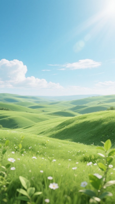 明亮开阔的自然风景背景，高饱和度的青翠绿色草地覆盖着起伏的丘陵，点缀着零星白色小野花和嫩绿叶片的植物，远处是层次分明的蓝白渐变天空，漂浮着几缕蓬松的白云，阳光从右上方洒落，形成柔和的高光与细腻的阴影，整体呈现出清新、通透、生机盎然的氛围，具有高度写实的3D质感和自然光影效果，画面构图开阔，地平线位于中下方，前景草地细节丰富，远景逐渐模糊营造出自然景深。预览效果
