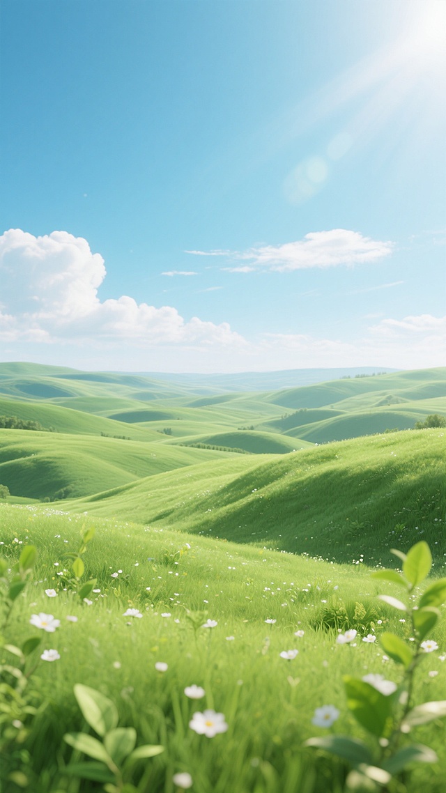 明亮开阔的自然风景背景，高饱和度的青翠绿色草地覆盖着起伏的丘陵，点缀着零星白色小野花和嫩绿叶片的植物，远处是层次分明的蓝白渐变天空，漂浮着几缕蓬松的白云，阳光从右上方洒落，形成柔和的高光与细腻的阴影，整体呈现出清新、通透、生机盎然的氛围，具有高度写实的3D质感和自然光影效果，画面构图开阔，地平线位于中下方，前景草地细节丰富，远景逐渐模糊营造出自然景深。