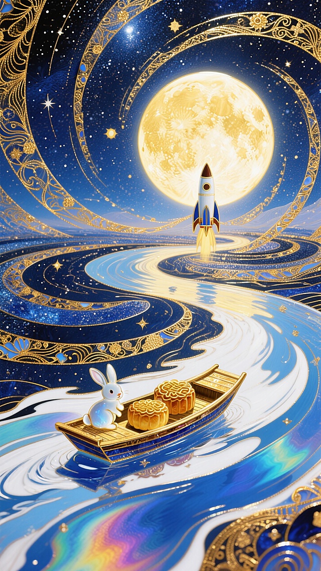 梦幻奇幻风格，全景，小船（漂浮在蓝白色河流上，船上有玉兔和两个月饼 ）居画底部，星空漩涡从小船向四周扩散成漩涡状星空（深金色交织） ，中央巨大的发光满月前有一个火箭，超现实的星空河流世界，梦幻感，色彩以深邃蓝、暖黄为主，搭配金色点缀