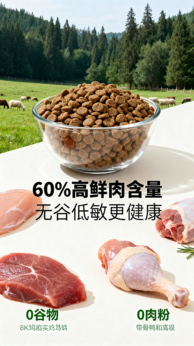 全屏统一清新自然治愈风，实景实拍质感，森系深绿+柔和米白+浅暖自然光色调，整体干净通透、治愈高级。主文案"60%高鲜肉含量"居中粗黑放大，重点突出核心数据；副文案"无谷低敏更健康"居中位于下方，纤细浅绿字体，简约高级。自然牧场实景背景，画面中心透明玻璃碗盛放完整狗粮，旁侧拆解摆放鲜鸭肉、鲜鸡肉、带骨鸭肉生鲜食材，直观展示30%鲜鸭肉+20%鲜鸡肉+10%带骨鸭肉配比；标注0谷物、0肉粉核心信息，构图饱满不拥挤。8K超高清实景拍摄，鲜肉质感鲜嫩通透，狗粮颗粒纹理清晰，牧场背景自然清新，光影柔和高级