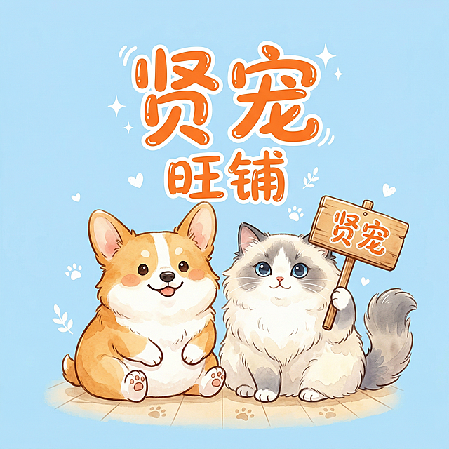 宠物店铺头像主图，可爱治愈清新风格，画面中央有圆滚滚卡通柯基和一只布偶猫，布偶猫举着写有“贤宠”的小牌子，主标题“贤宠”位于画面上方，副标题“旺铺”在主标题下方；字体使用活泼手写体风格，文字颜色为活力橙色，整体背景底色为浅蓝色，风格可爱清新治愈，画面干净简约，背景无边框全屏，主体元素居中，构图和谐，符合宠物店铺头像设计，文字不遮挡主体