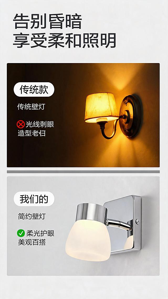 [第2屏] 核心痛点解决-传统墙面照明对比。
[氛围/风格] 直观对比风，干净理性，突出产品优势，商业设计感。
[元素布局] 画面上下分为两部分对比展示，上半部分为传统壁灯场景：昏暗拥挤的墙面，造型老旧的壁灯，灯光刺眼不均，背景为暗沉黄色墙面。下半部分为本款壁灯效果：单头壁灯（使用【图1】作为商品主体）安装在浅灰色干净墙面上，灯光柔和均匀，整体空间明亮整洁。左侧标注「传统款」「我们的」文字标签，中间用灰色分割线区分，保持本款壁灯结构、材质、颜色与原图一致。
[光影质感] 传统款区域光线偏暗偏黄，对比度低；本款区域光线明亮柔和，金属反光自然，奶白灯罩透光均匀，明暗对比清晰。
[配色色系] 全局底色：#F8F8F8（浅灰白）；对比分区：上区#E8E0D5（暖黄暗调），下区#F5F5F5（浅灰亮调）；文字配色：#333333（深灰标题）+ #FFFFFF（标签白字）。
[视角构图] 上下等分对比构图，视角均为正面平视，保持视觉平衡，阅读从上到下对比直观。
[文字版式] 顶部主标题「告别昏暗 享受柔和照明」居中，深灰色粗体；左右分栏对比文字：左侧「传统壁灯」「光线刺眼 造型老旧」，右侧「简约壁灯」「柔光护眼 美观百搭」，每个对比点用对勾叉号图标区分，文字大小适中，手机端清晰可读。
[比例分辨率] 9:16 竖版比例，4K分辨率，文字清晰可辨，超高清。
[负向提示词] 产品变形，颜色偏差，结构错误，文字模糊，背景杂乱，对比逻辑混乱。